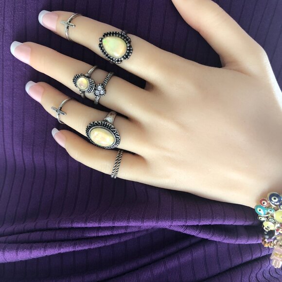 Boho Burnished Silver Rings Faux Opal - Picture 2 of 6